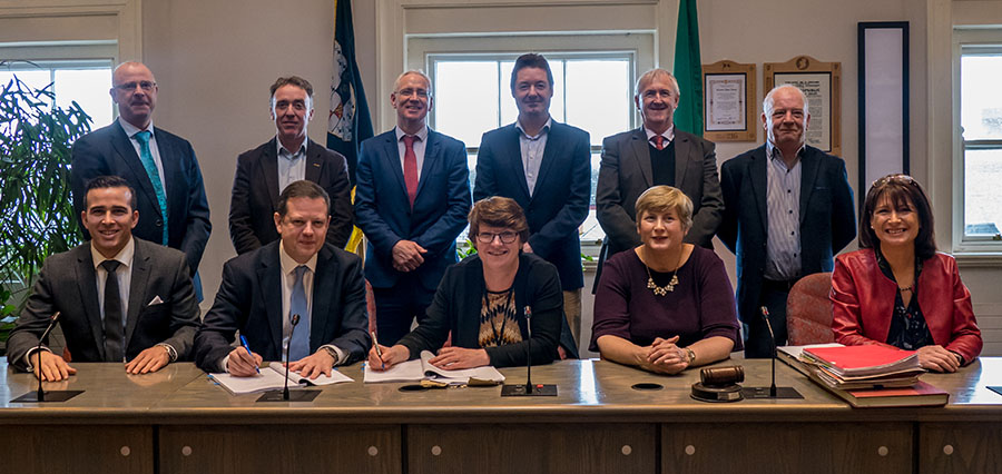 Pictured at the contract signing (back L-R) Glen Jones, Tramore RDO, Seamus Kavanagh, Senior Engineer, Tim Butler, Director of Services, Frank Stafford, Senior Exe. Engineer, Cllr. Pat Dunphy, Cllr. Tomás Breathnach (front L–R)  John Ryan, WS Atkins, Richard Neuling, WS Atkins, Colette Byrne, Chief Executive, Cllr. Fidelis Doherty, Cllr. Melissa O’Neill, (absent) Cllr. Ger Frisby and Cllr. Eamon Aylward.